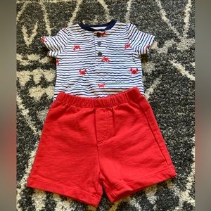 Navy striped onesie with red crabs and red shorts NWOT